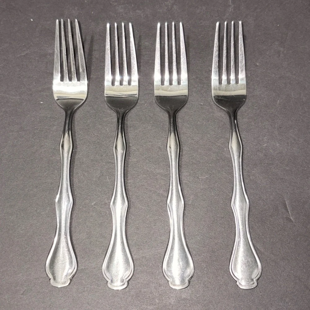 Stainless Steel Dinner Forks Set of 4 Contoured Fiddleback Handle Silver 7.25in
